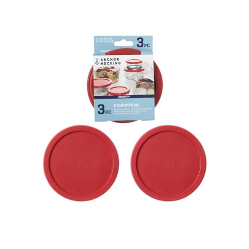 Anchor Hocking Improved 30% Stronger Replacement Lid 2 Cup / 472 ml / 0.5 qt, Set of 3 lids, red Round