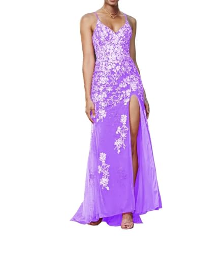 Image of Long Spaghetti Straps Tulle Mermiad Prom Dress V Neck Lace Appliques Formal Dress with Slit SF203