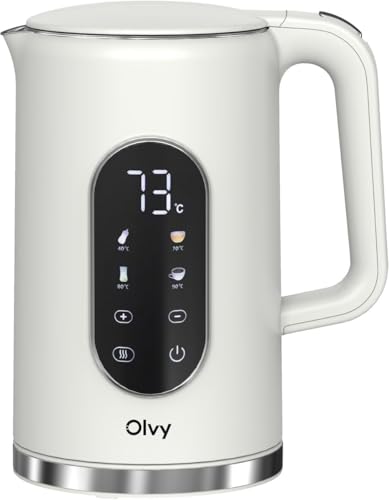Olvy Electric Kettle 1.7L with Temperature Control - 2200W Fast Boil - Keep Warm Function - Double-Wall Stainless Steel - Cool-Touch Exterior - Anti-Scale Filter (White)