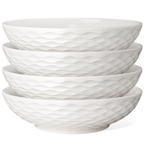 Artena Pasta Bowls 32oz, Ceramic Large Salad Bowls Set Serving Bowl of 4 for Soup, Entertaining, Pasta, Noodle, Dinner, Wide Shallow Microwave Dishwasher Safe, 8 inch, Embossed Wave