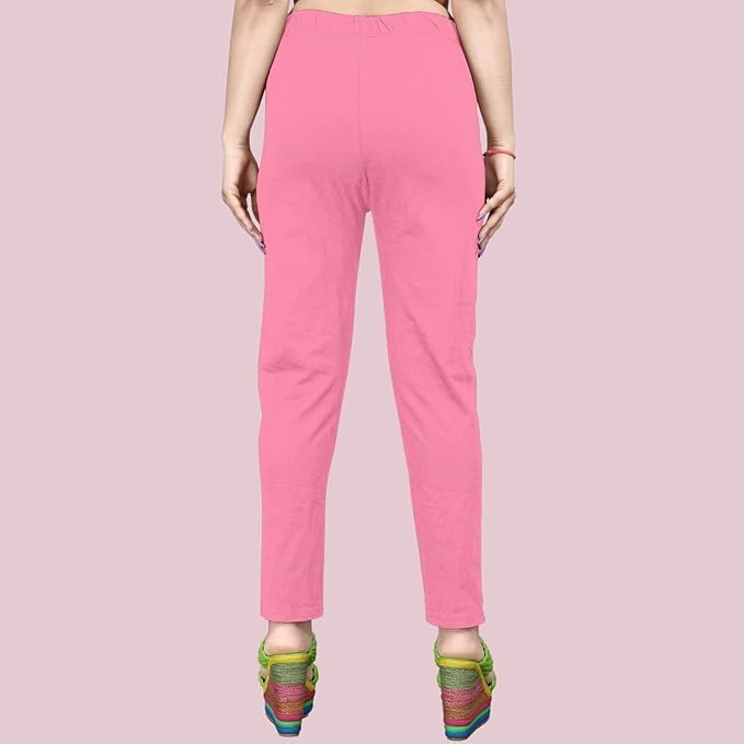 Image of Women's Solid Cotton Lycra Pants-High Waist Slim Fit Stretchable Leggings - Comfortable Long Trousers for Casual, Office & Everyday Wear