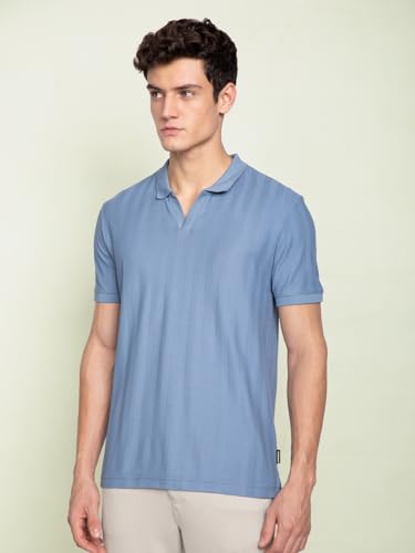 Image of DAMENSCH Men Rich Pique, Statement Textured, Body-Cooling All Degree, Premium Cotton, Herringbone Texture Johnny Collar Polo T-Shirt