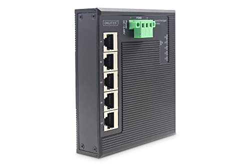 DIGITUS Switch di Rete Flat - Gigabit Ethernet 5 Porte - Montaggio su DIN Rail - Morsettiera - Senza ventole - Nero/Blu