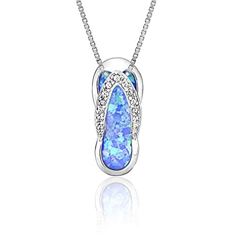 Honolulu Jewelry Company Sterling Silver Flip Flop CZ Accented Necklace Pendant with Simulated Blue Opal and 18" Box Chain Cover