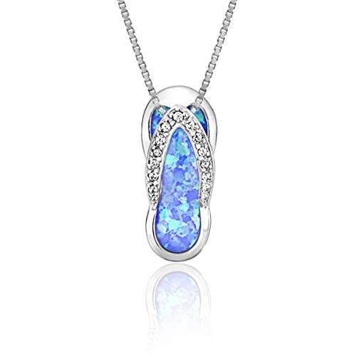 Honolulu Jewelry Company Sterling Silver Flip Flop CZ Accented Necklace Pendant with Simulated Blue Opal and 18" Box Chain
