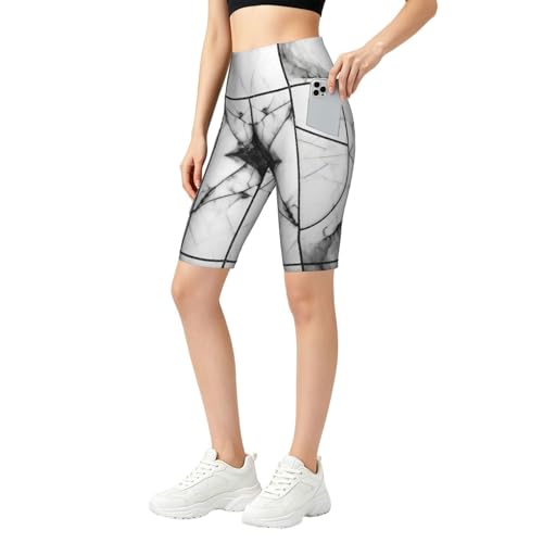 Short de yoga court femme imprimé marbre noir et blanc asbwuo poches
