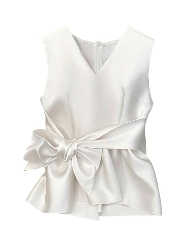 GORGLITTER Women's Bow Tie Silky Satin Vest Belted Ruffle Tops V Neck Sleeveless Dressy Shirt