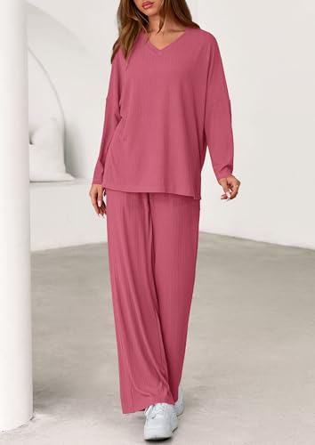PRETTYGARDEN 2 Piece Lounge Sets for Women Fall Outfits 2025 Casual Loose Long Sleeve Tops Wide Leg Pants Matching Pajama Set