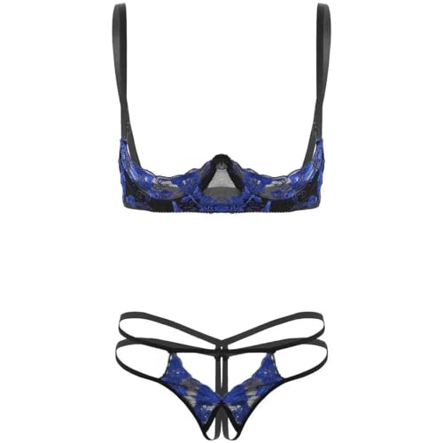 GRRKDFQ Sexy Lingerie Érotique Ensemble De Lingerie en Dentelle Brodée Seins Nus Exposés, Bleu, Taille Unique