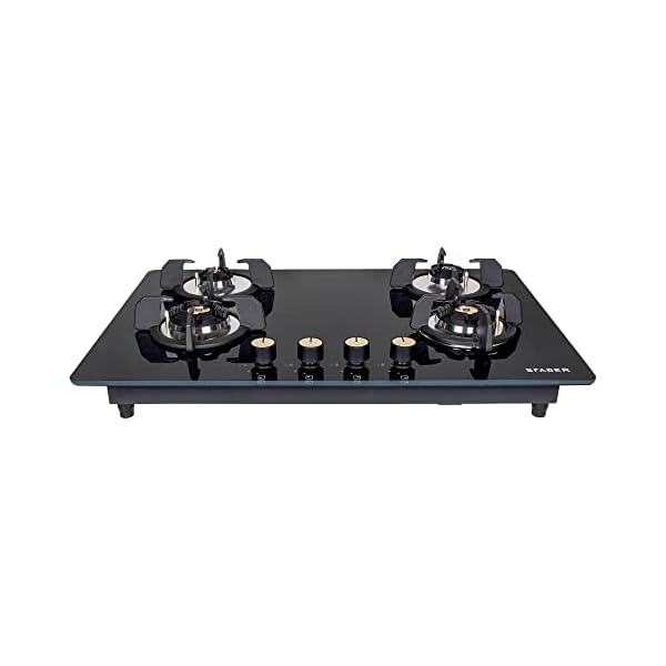 Faber Hob/Hobtop 4 Brass Burner Auto Electric Ignition Glass Top (Maxus HT784 CRS BR CI AI) Black, Glass and Mild Steel