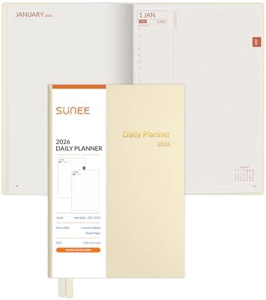 SUNEE 2026 Daily Planner A5 Hardcover – Hourly Schedule Organizer with Monthly Tabs & Task Tracker – Beige Cover Time Management Notebook for Work, School, Personal Goals