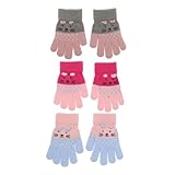 VALICLUD 3 Pares de Invierno para de Punto Cálidos con Diseño de Gato de Dedos Completos Elásticos y Suaves para Años Resistentes al Frío Colores Azul y Rosa Pastel