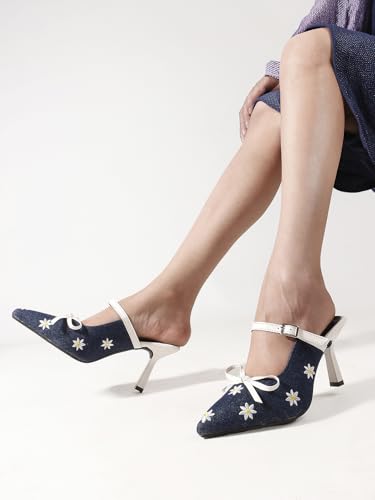 Image of TRYME Denim Embroidered Mules Style Bow Pointed Toe Slip-on Stilettos Heel Sandals for Womens and Girls