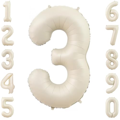 Cream Number 3 Balloon 40 Inch, Foil Numeral for Milestone Birthday Decor