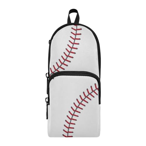 Image of ZAZYXTJ Baseball Texture Standing Large Capacity Pencil Case 3 Compartment Pen Pouch Storage Canvas Makeup Bag for School Office Teen Girl Boy Men Women