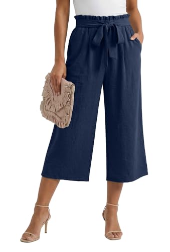 Image of PrinStory Women Wide Leg Trouser Elasticated High Waist Palazzo Trouser Lightweight Capri Pant Summer Causal Pant with Pockets (Navy Blue, L)