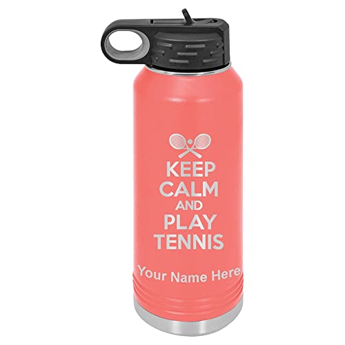 Lasergram 32Oz Double Wall Flip Top Water Bottle With Straw, Keep Calm And Play Tennis, Personalized Engraving Included (Coral) #TOP15