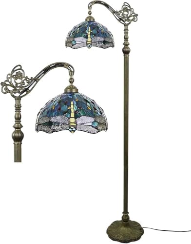 Five Liters Tiffany Style 12 Inch Green Vintage Dragonfly Floor Lamp Stained Glass Crystal Bead Lampshade Antique Lighting Living Room Lamps, 64" Height