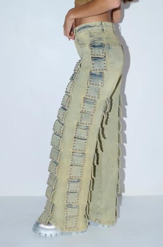 Molilove Women's High Rise Jeans Vintage Baggy Jeans Wide Leg Bell Bottom Studded Patch Stacked Denim Pants Y2k Streetwear4