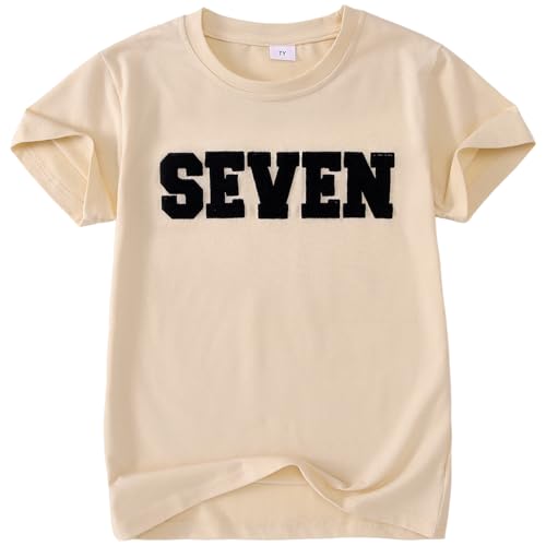 BOUTIKOME 7th Boys Birthday Shirts Seven Kids Embroidery T-Shirts Baby Birthday Outfit Toddler Party Chenille Patch Tee Tops(Beige-7Y)