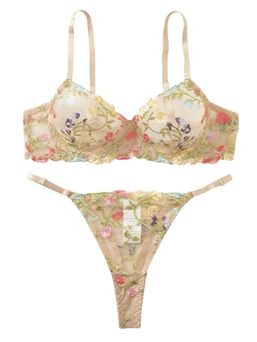 Sexy Floral Embroidered Flower Mesh Underwire Push Up Lingerie Set