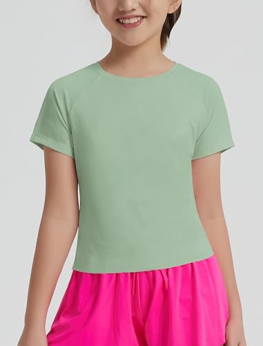 Image of EXARUS Girls Athletic Shirts Quick Dry Workout Split Back Crop Tops 6-14Y | Tween Athletic Sports Soccer Activewear Gym Running Dri Fit Teen Tennis Performance Hiking Short Sleeve Tees Kids 6-14Y