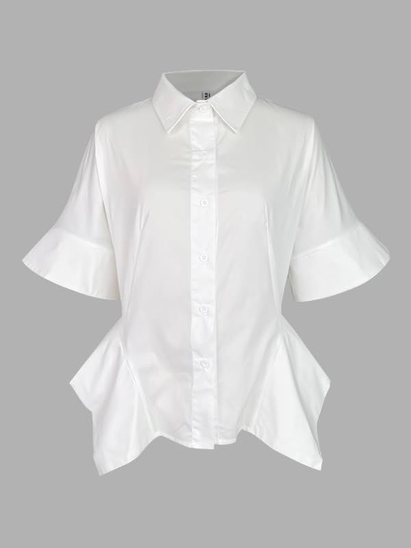 UOOZEE Women's Half Sleeve Collar V Neck Button Down Shirts Asymmetrical Hem Ruffle Loose Casual Cotton Tops Blouse - Image 5