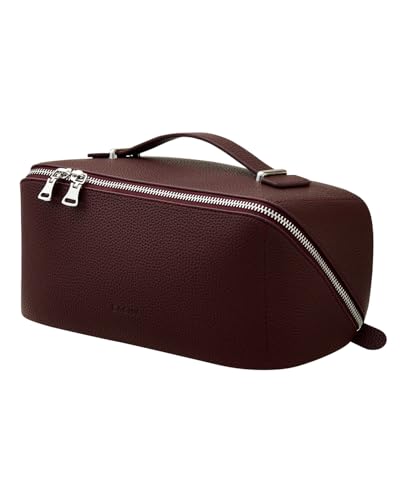 EACHY Travel Makeup Bag, Lychee Leather Large Capacity Cosmetic Bag for Women, Open Flat Toiletry Bag with TPU Brush Compartment, Waterproof Skincare Organizer Travel Essentials