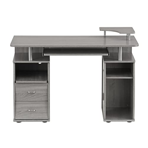 Techni Mobili 47\" Computer Desk with Drawers and Storage, Office Desk with Printer Shelf, Pull Out Shelf and Keyboard Tray, Computer Workstation, Grey
