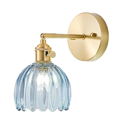 Image of Hardwired Wall Sconce Light, Vintage Wall Sconce with Switch, Gold Wall Light Fixture with Tulip Denim Blue Glass Lampshade, Indoor Wall Light for Bedroom Bathroom, Bedside Wall Lamp