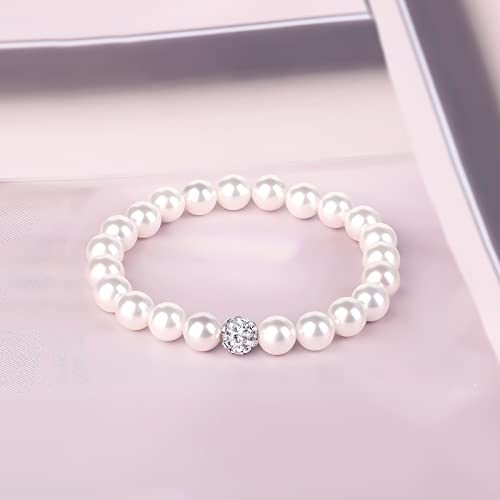 Women Round White Pearls Bracelet: Elegant Strand Jewelry with Rhinestone Clay Beads Ball for Woman Girls Lady - Trendy Simple Dainty Wedding Fashion Prom Accessory for Mother2
