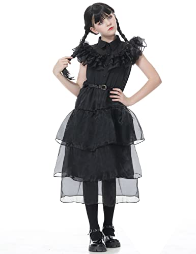 IUTOYYE Filles Mercredi Cosplay Enfants Robe de Fils Gothique Vêtements Noir Costume Vintage Halloween Carnaval Fantaisie Costume (Noir, 120)