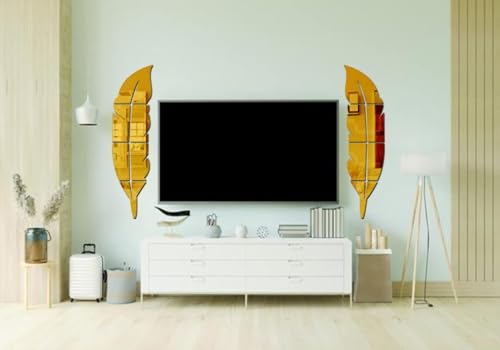 Image of Wall1ders Opposite Plums Feathers Golden (Pack of 2, Each Piece Size 76 x 20 cm), Mirror Stickers for Wall, Acrylic Mirror Wall Decor Sticker,