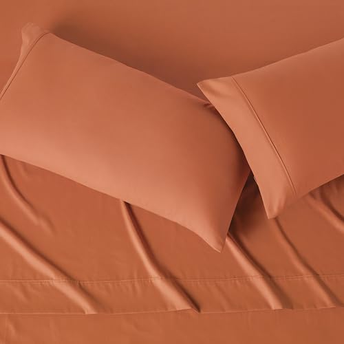 Image of Amazon Basics Lightweight Super Soft Easy Care Microfiber 4-Piece Bed Sheet Set, King, Brick, Solid