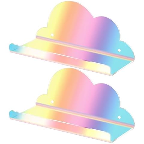 Lesnala 2Pcs Cloud Mini Shelf Iridescent Floating Shelves Floating Shelves for Wall Acrylic Wall Mounted Iridescent Acrylic Shelves with Stickers and Screws for Bathroom Bedroom Living Room Office Cover