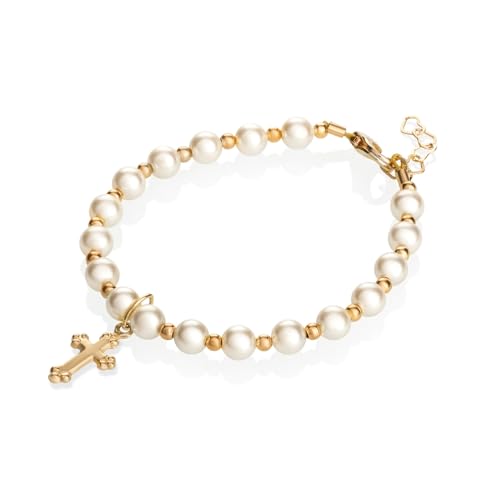 Image of Christening 14KT Gold-Filled Beads | Cream European Simulated Pearls | Cross Charm Luxury Baby Bracelet | Baptism Unisex Child Bracelet