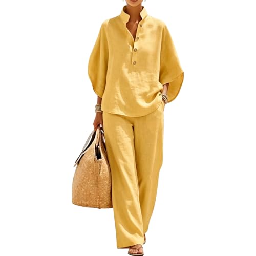 Conjunto de lino transpirable de dos piezas: pantalón de pierna ancha y blusa con botones