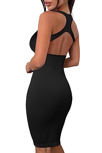 Ioiom Women's Crew Neck Sleeveless Cutout Back Knee Length Bodycon Midi Dress Black M #TOP3