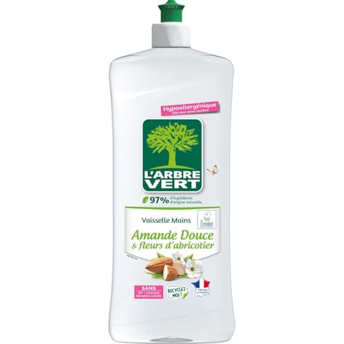 L'ARBRE VERT Vaisselle Mains Ecolabel Amande Douce & Fleurs D'Abricotier - Hypoallergénique - 97% d'ingrédients d'origine naturelle - 750mL