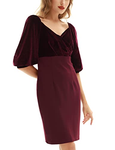 Belle Poque Burgundy Velvet Dress For Women Elegant Bodycon Velvet Dress 1950S Dresses (Wine, L) #TOP5
