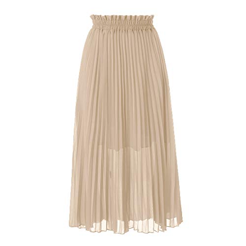 Goobgs Women's Pleated A-Line High Waist Swing Flare Midi Skirt Beige Small/Medium #TOP1