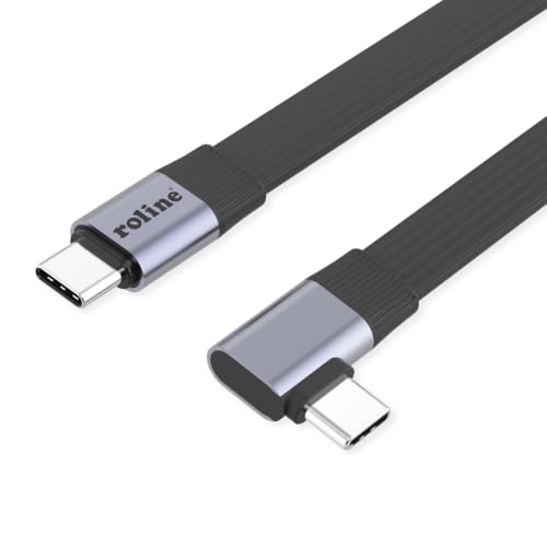 ROLINE Câble Plat USB4 2.0, C–C, St/St coudé à 90° d'un côté, 8K UHD-2, 80 Gbit/s, 240 W, Noir, 0,13 m