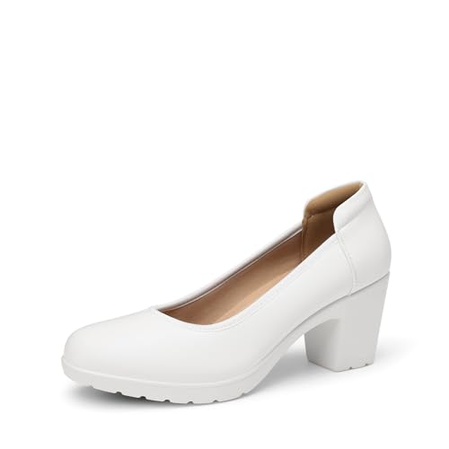 DREAM PAIRS Women's Chunky Closed Toe Low Block Heels Work Pumps Comfortable Round Toe Dress Wedding Shoes Nereida,Size 8,White,SDPU2230W