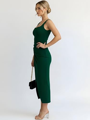 Image of Women's Sleeveless Midi Dress, Square Neck, Ruched Side, Bodycon Style with Slit