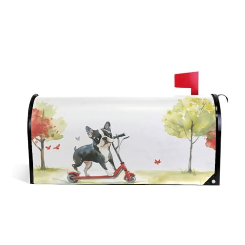 ALAZA Delightful and Heartwarming Watercolor Illustration Cute Cartoon Boston Terrier Riding A Red Scooter Magnetic Mailbox Cover MailWraps Garden Yard Home Decor for Outside Oversized-25.5