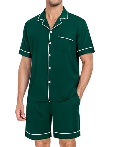 Image of SWOMOG Mens Pajama Set Short Sleeve 2 PCS Sleepwear Button Down Soft Loungewear Modal Set Pj Set with Pockets S-3XL Christmas Green XX-Large