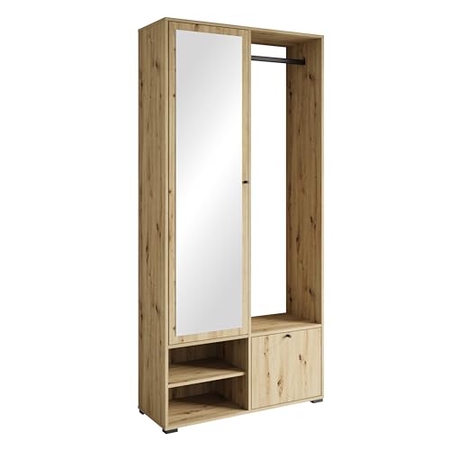 MINIO go for it - Garderobe Set 90 cm Breit, Flurgarderoben Set DAFNI mit Spiegel, Garderoben Set mit Ablage und Schuhschrank, Garderobenschrank Flur, Vorzimmer Möbel, Farbe: Artisan Eiche