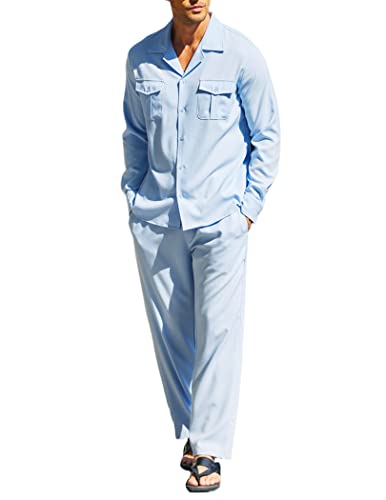 Coofandy Men's 2 Pieces Cotton Linen Set Casual Long Sleeve Button Down Shirts With Two Pockets（Blue,Xl #TOP11