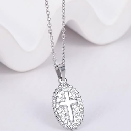 Jude Jewelers Stainless Steel Oval Shaped Christian Cross Hammered Finishing Pendant Necklace2