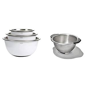 OXO Good Grips 3-Piece Stainless-Steel Mixing Bowl Set, White & Good Grips Stainless Steel 5 qt./ 4.7 L Colander